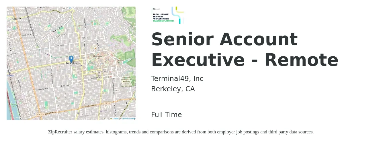Terminal49, Inc job posting for a Senior Account Executive - Remote in Berkeley, CA with a salary of $94,300 to $144,500 Yearly with a map of Berkeley location.