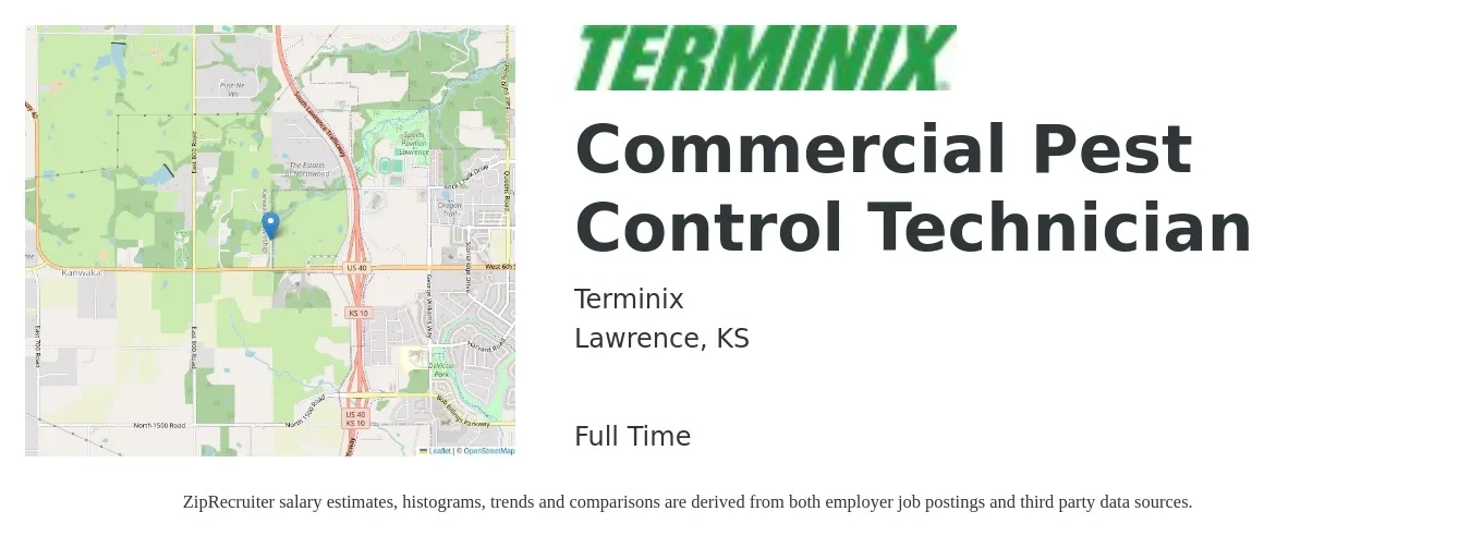 Terminix job posting for a Commercial Pest Control Technician in Lawrence, KS with a salary of $18 Hourly (plus commission) and benefits including life_insurance, medical, pto, retirement, vision, and dental with a map of Lawrence location.