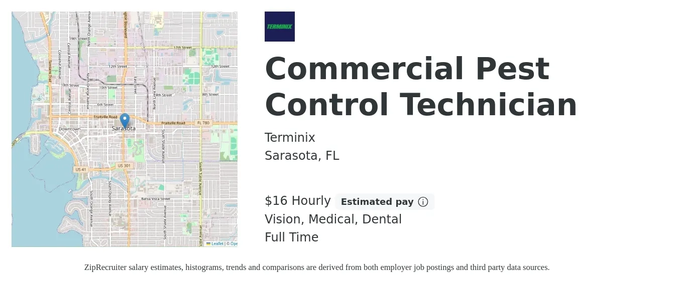 Terminix job posting for a Commercial Pest Control Technician in Sarasota, FL with a salary of $17 Hourly and benefits including medical, retirement, vision, dental, and life_insurance with a map of Sarasota location.