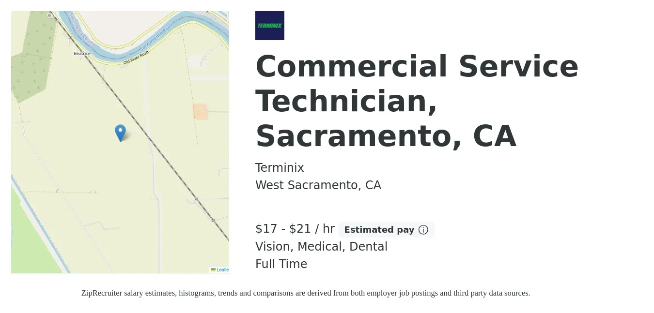 Terminix job posting for a Commercial Service Technician, Sacramento, CA in West Sacramento, CA with a salary of $18 to $22 Hourly and benefits including pto, retirement, vision, dental, life_insurance, and medical with a map of West Sacramento location.