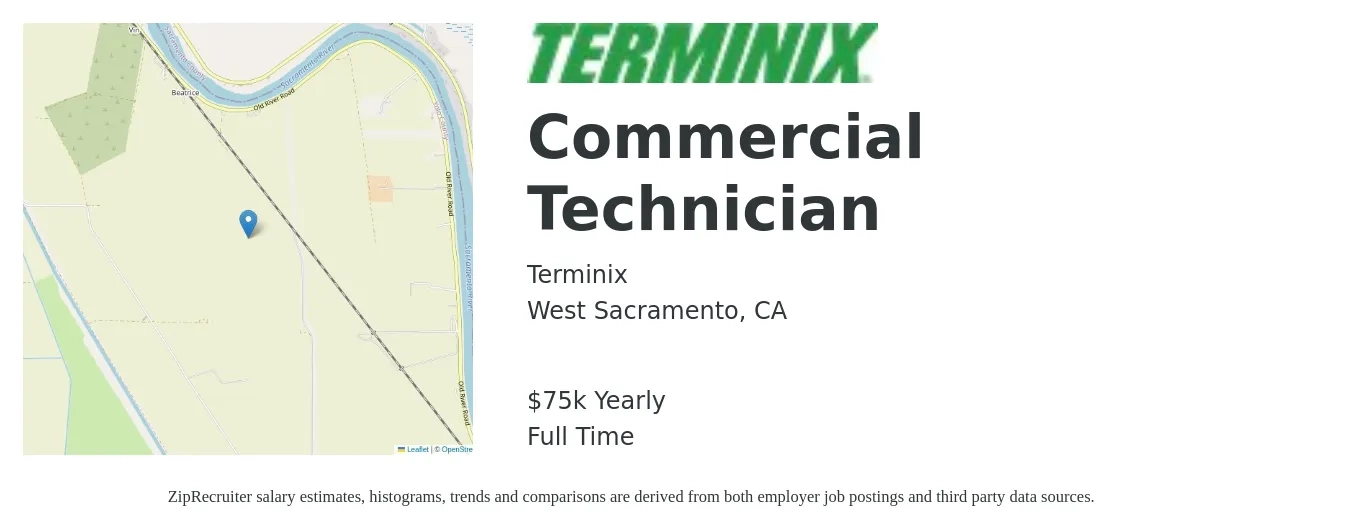 Terminix job posting for a Commercial Technician in West Sacramento, CA with a salary of $75,000 Yearly with a map of West Sacramento location.