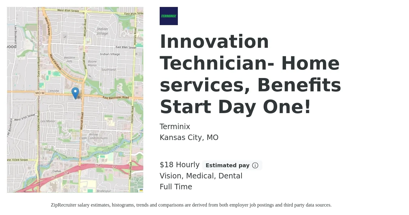 Terminix job posting for a Innovation Technician- Home services, Benefits Start Day One! in Kansas City, MO with a salary of $19 Hourly (plus commission) and benefits including life_insurance, medical, pto, retirement, vision, and dental with a map of Kansas City location.