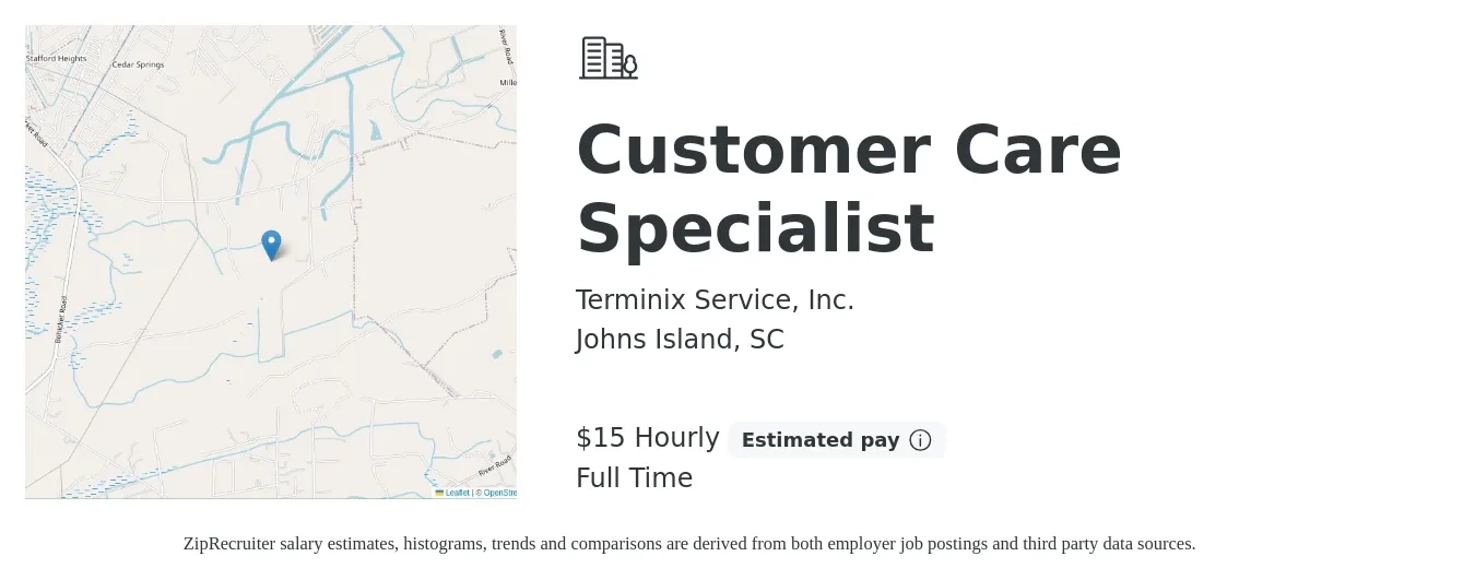 Terminix Service, Inc. job posting for a Customer Care Specialist in Johns Island, SC with a salary of $16 Hourly with a map of Johns Island location.
