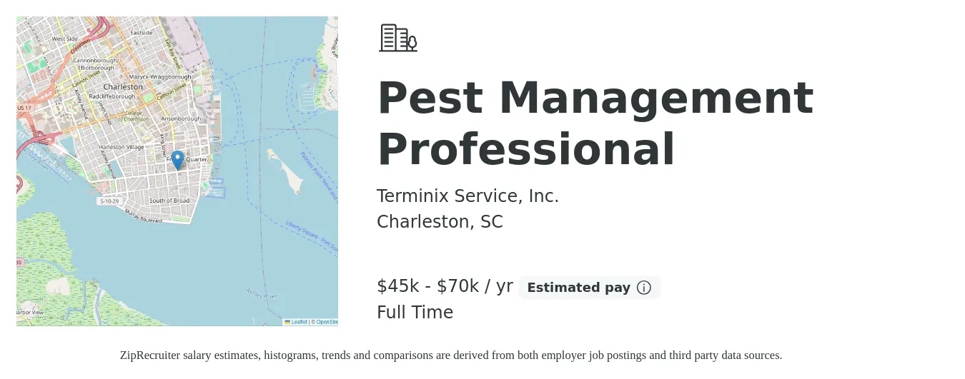 Terminix Service, Inc. job posting for a Pest Management Professional in Charleston, SC with a salary of $45,000 to $70,000 Yearly with a map of Charleston location.