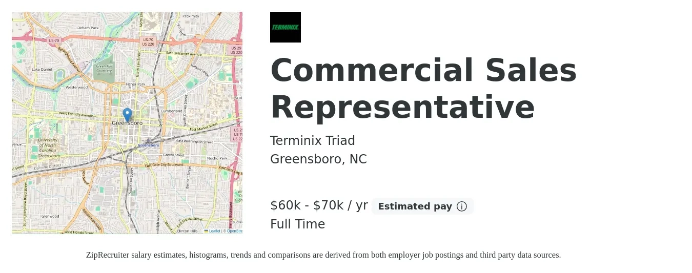 Terminix Triad job posting for a Commercial Sales Representative in Greensboro, NC with a salary of $60,000 to $70,000 Yearly with a map of Greensboro location.