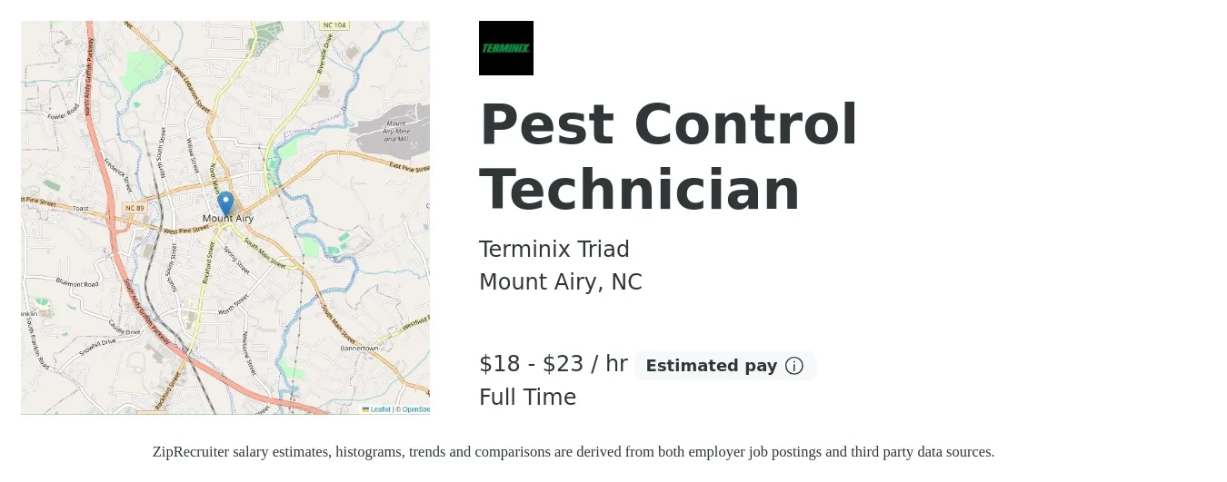 Terminix Triad job posting for a Pest Control Technician in Mount Airy, NC with a salary of $40,000 to $50,000 Yearly with a map of Mount Airy location.