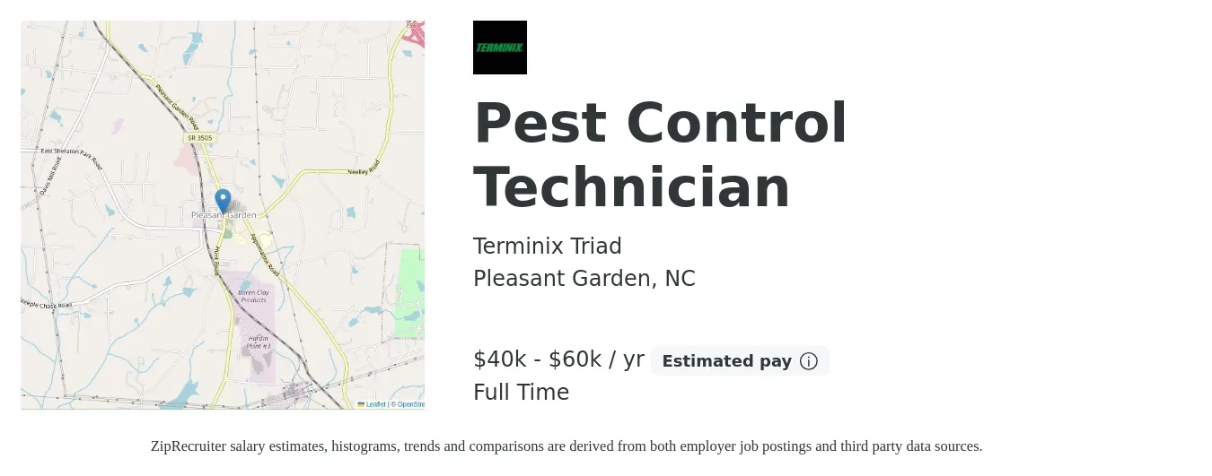 Terminix Triad job posting for a Pest Control Technician in Pleasant Garden, NC with a salary of $40,000 to $60,000 Yearly with a map of Pleasant Garden location.