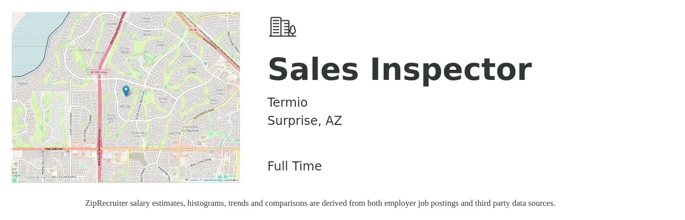 Termio job posting for a Sales Inspector in Surprise, AZ with a salary of $60,000 to $100,000 Yearly with a map of Surprise location.