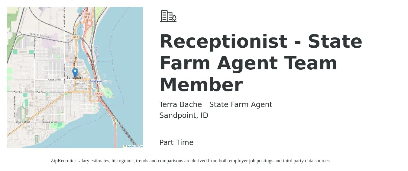 Terra Bache - State Farm Agent job posting for a Receptionist - State Farm Agent Team Member in Sandpoint, ID with a salary of $15 to $20 Hourly with a map of Sandpoint location.