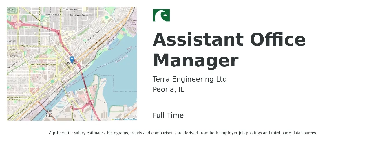 Terra Engineering Ltd job posting for a Assistant Office Manager in Peoria, IL with a salary of $19 to $26 Hourly with a map of Peoria location.