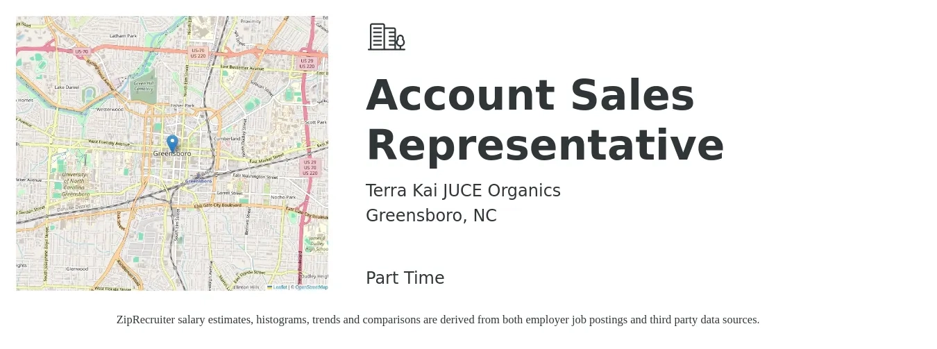 Terra Kai JUCE Organics job posting for a Account Sales Representative in Greensboro, NC with a salary of $300 Daily with a map of Greensboro location.