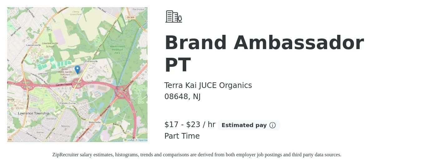 Terra Kai JUCE Organics job posting for a Brand Ambassador PT in 08648, NJ with a salary of $18 to $24 Hourly with a map of 08648 location.