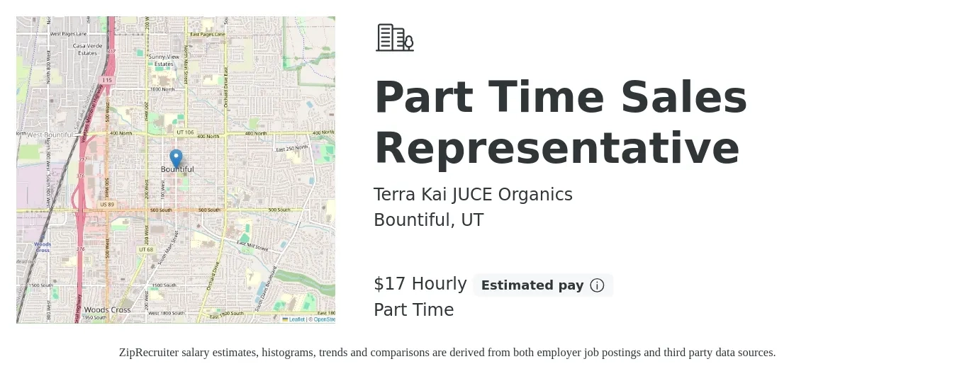 Terra Kai JUCE Organics job posting for a Part Time Sales Representative in Bountiful, UT with a salary of $18 to $24 Hourly with a map of Bountiful location.