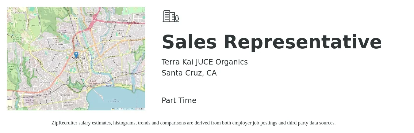 Terra Kai JUCE Organics job posting for a Sales Representative in Santa Cruz, CA with a salary of $175 to $250 Daily with a map of Santa Cruz location.