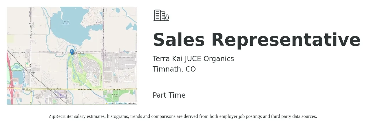 Terra Kai JUCE Organics job posting for a Sales Representative in Timnath, CO with a salary of $300 Daily with a map of Timnath location.