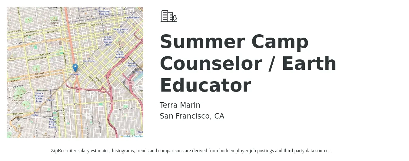 Terra Marin job posting for a Summer Camp Counselor / Earth Educator in San Francisco, CA with a salary of $18 to $28 Hourly with a map of San Francisco location.