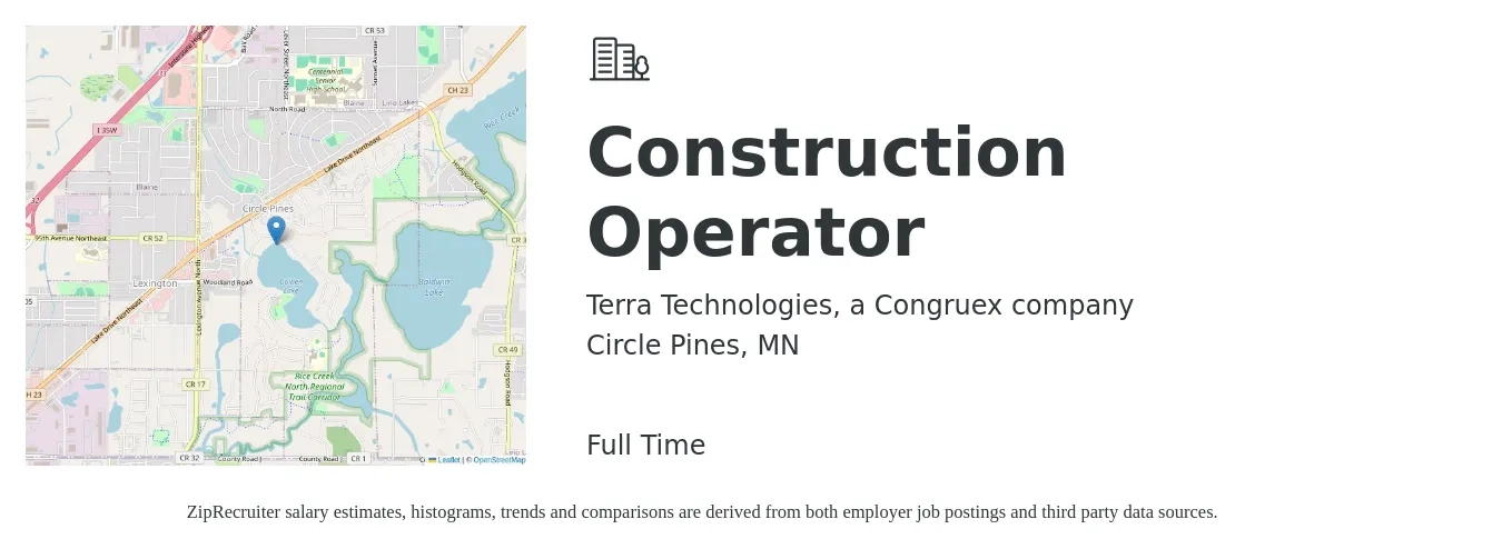 Terra Technologies, a Congruex company job posting for a Construction Operator in Circle Pines, MN with a salary of $22 to $28 Hourly with a map of Circle Pines location.