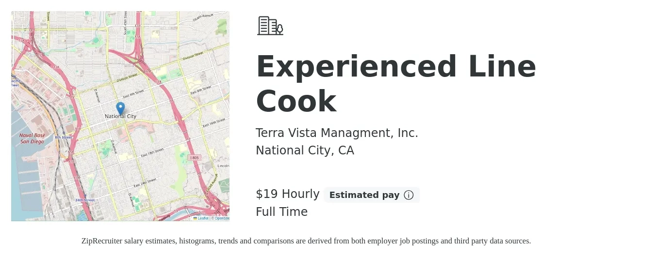 Terra Vista Managment, Inc. job posting for a Experienced Line Cook in National City, CA with a salary of $20 Hourly with a map of National City location.