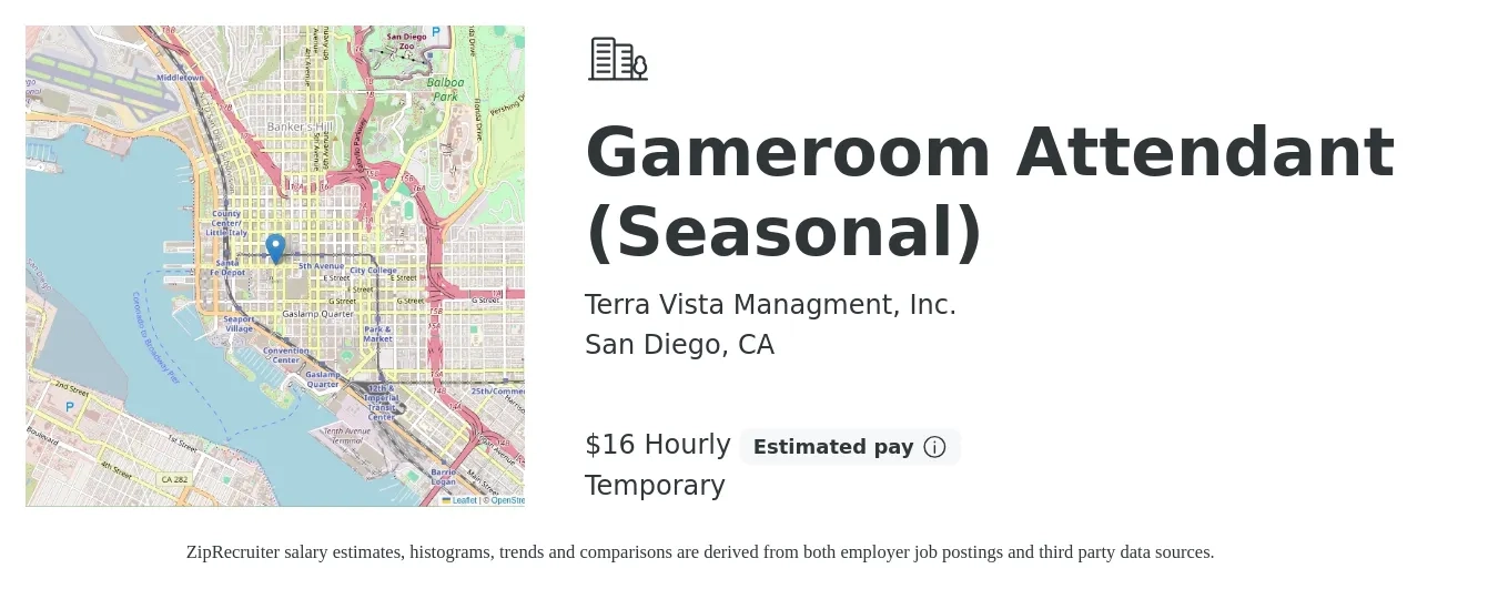 Terra Vista Managment, Inc. job posting for a Gameroom Attendant (Seasonal) in San Diego, CA with a salary of $17 Hourly with a map of San Diego location.