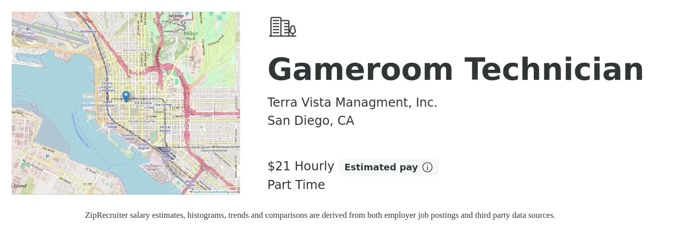 Terra Vista Managment, Inc. job posting for a Gameroom Technician in San Diego, CA with a salary of $22 Hourly with a map of San Diego location.