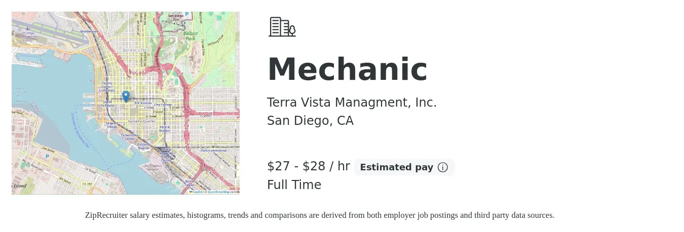 Terra Vista Managment, Inc. job posting for a Mechanic in San Diego, CA with a salary of $29 to $30 Hourly with a map of San Diego location.