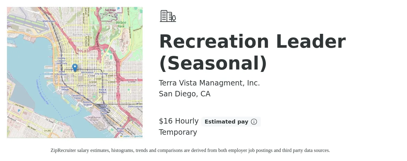 Terra Vista Managment, Inc. job posting for a Recreation Leader (Seasonal) in San Diego, CA with a salary of $17 Hourly with a map of San Diego location.