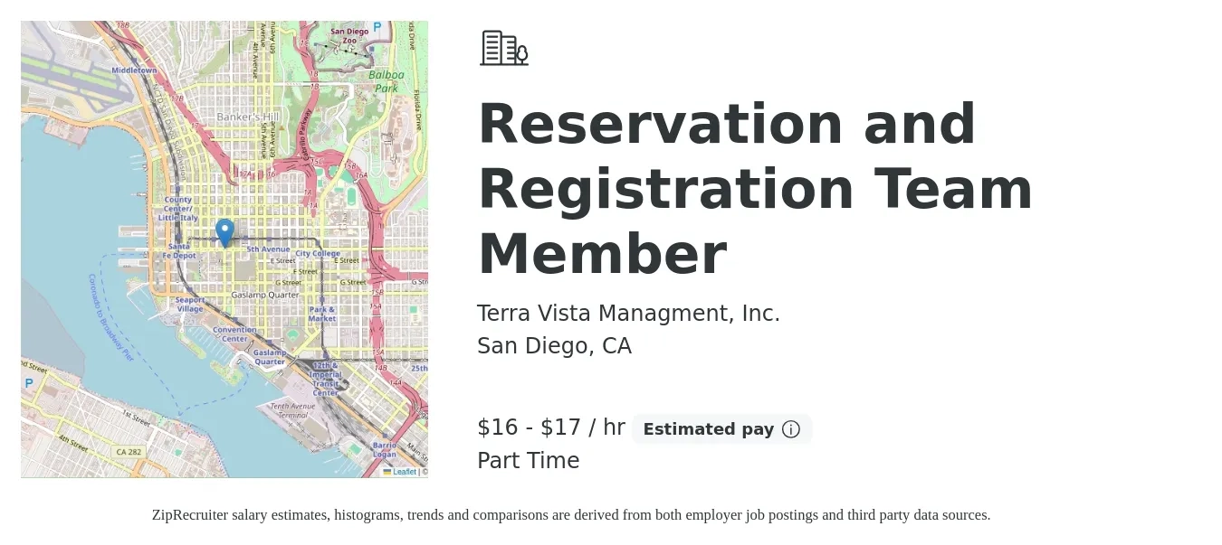 Terra Vista Managment, Inc. job posting for a Reservation and Registration Team Member in San Diego, CA with a salary of $17 to $18 Hourly with a map of San Diego location.