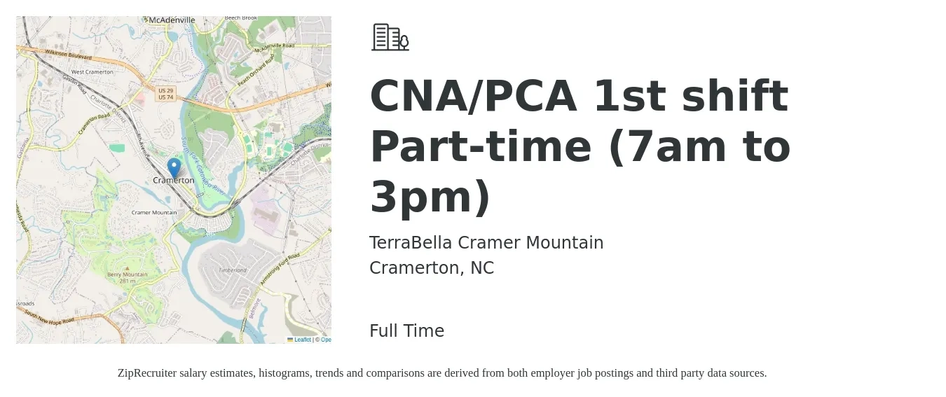 TerraBella Cramer Mountain job posting for a CNA/PCA 1st shift Part-time (7am to 3pm) in Cramerton, NC with a salary of $13 to $16 Hourly with a map of Cramerton location.