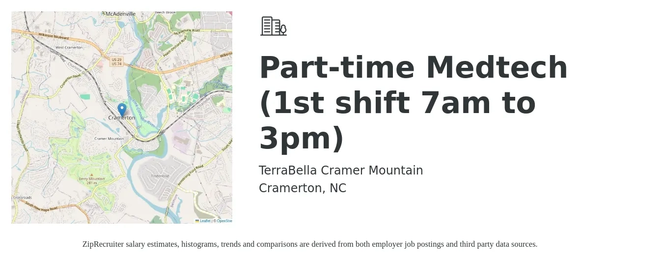 TerraBella Cramer Mountain job posting for a Part-time Medtech (1st shift 7am to 3pm) in Cramerton, NC with a salary of $21 to $41 Hourly with a map of Cramerton location.