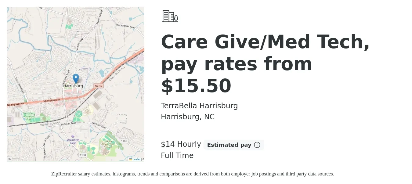 TerraBella Harrisburg job posting for a Care Give/Med Tech, pay rates from $15.50 in Harrisburg, NC with a salary of $16 Hourly with a map of Harrisburg location.