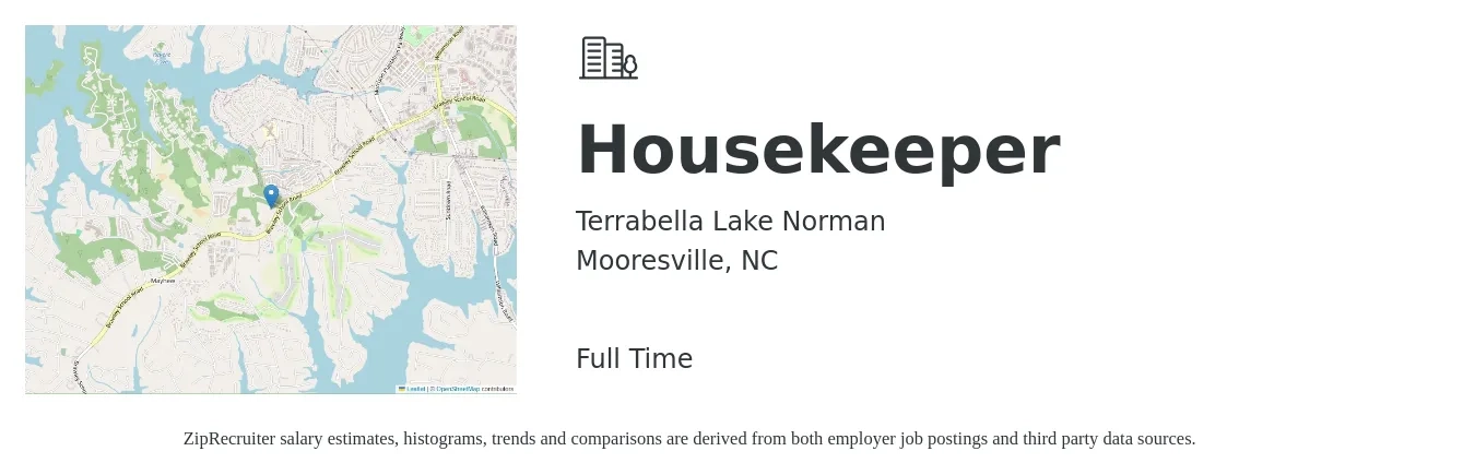 Terrabella Lake Norman job posting for a Housekeeper in Mooresville, NC with a salary of $13 to $17 Hourly with a map of Mooresville location.