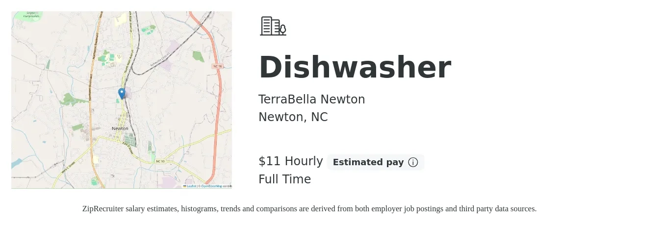 TerraBella Newton job posting for a Dishwasher in Newton, NC with a salary of $12 Hourly with a map of Newton location.