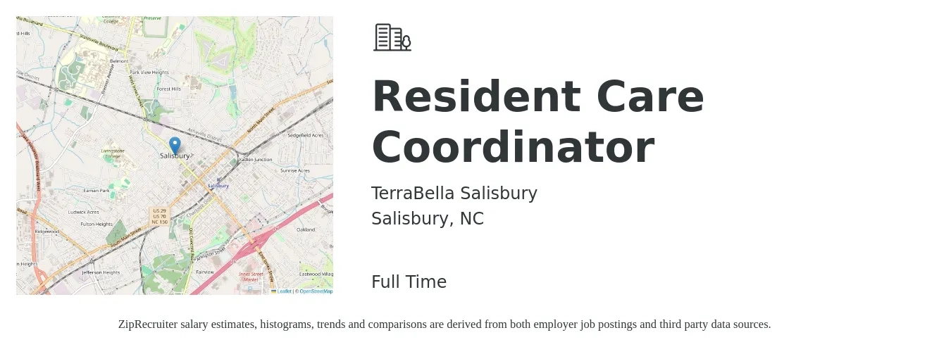 TerraBella Salisbury job posting for a Resident Care Coordinator in Salisbury, NC with a salary of $18 to $24 Hourly with a map of Salisbury location.