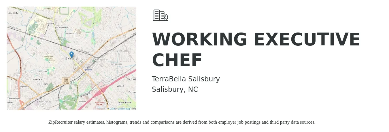 TerraBella Salisbury job posting for a WORKING EXECUTIVE CHEF in Salisbury, NC with a salary of $64,600 to $89,000 Yearly with a map of Salisbury location.