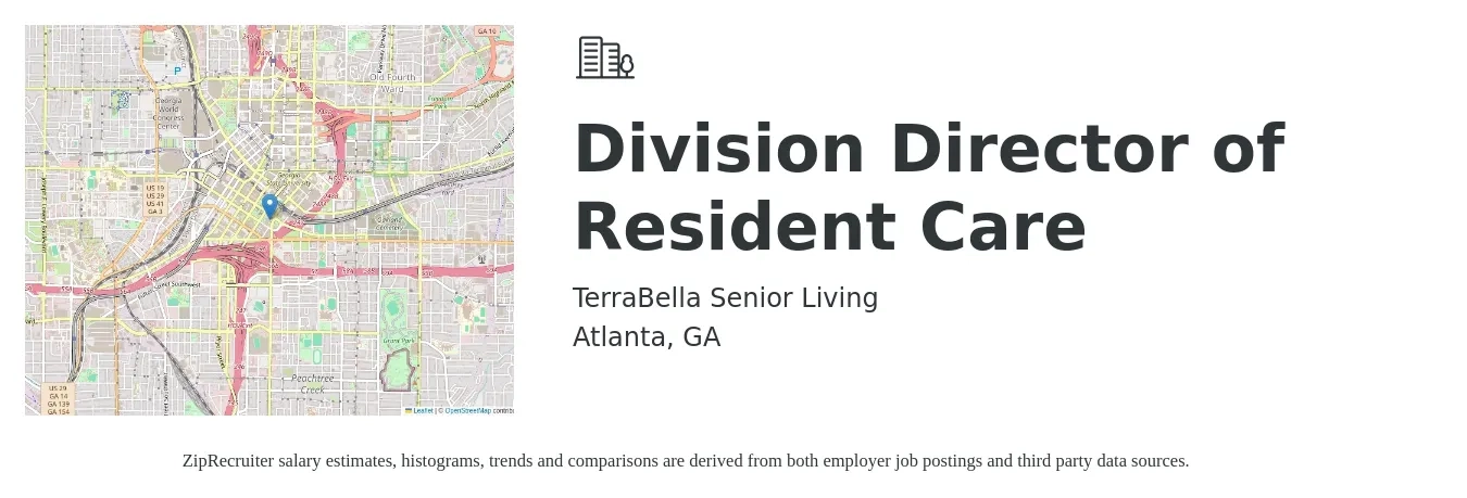 TerraBella Senior Living job posting for a Division Director of Resident Care in Atlanta, GA with a salary of $65,900 to $87,500 Yearly with a map of Atlanta location.