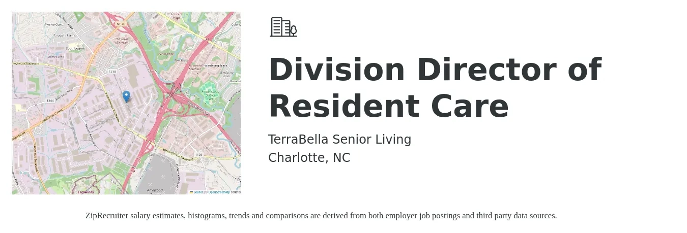 TerraBella Senior Living job posting for a Division Director of Resident Care in Charlotte, NC with a salary of $66,900 to $88,900 Yearly with a map of Charlotte location.