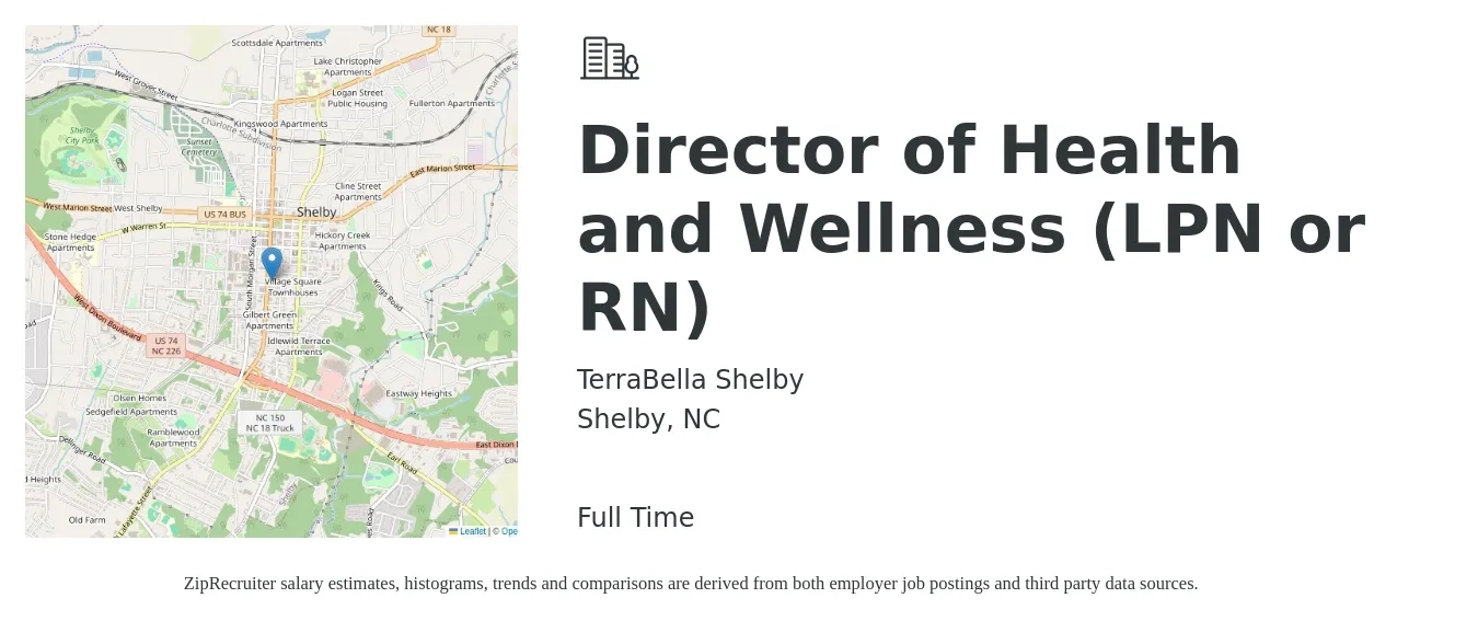 TerraBella Shelby job posting for a Director of Health and Wellness (LPN or RN) in Shelby, NC with a salary of $78,700 to $119,000 Yearly with a map of Shelby location.