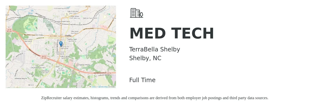 TerraBella Shelby job posting for a MED-TECH in Shelby, NC with a salary of $22 to $43 Hourly with a map of Shelby location.