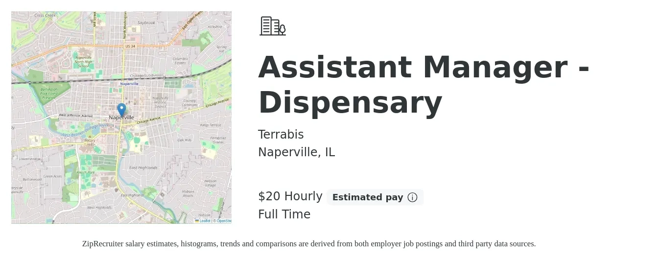 Terrabis job posting for a Assistant Manager - Dispensary in Naperville, IL with a salary of $45,000 Yearly with a map of Naperville location.
