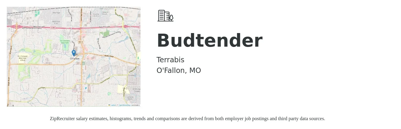 Terrabis job posting for a Budtender in O'Fallon, MO with a salary of $13 to $16 Hourly with a map of O'Fallon location.