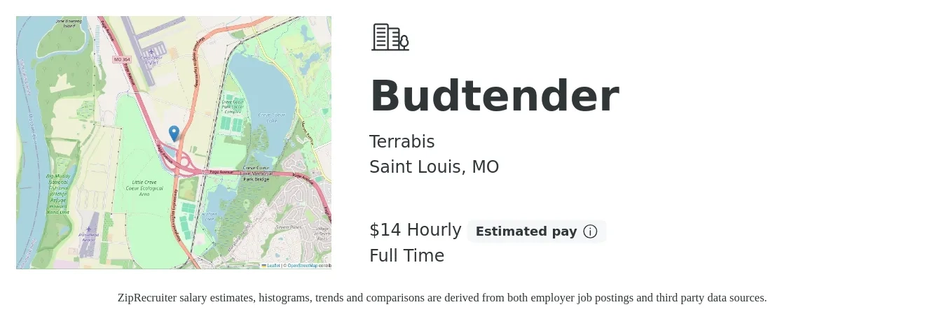 Terrabis job posting for a Budtender in Saint Louis, MO with a salary of $13 to $16 Hourly with a map of Saint Louis location.