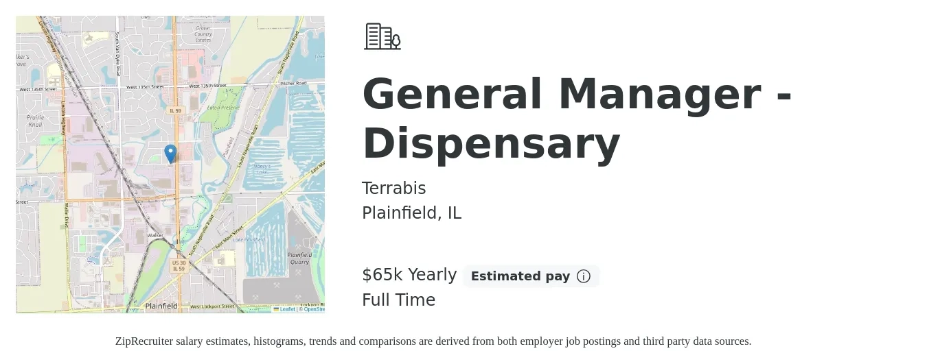 Terrabis job posting for a General Manager - Dispensary in Plainfield, IL with a salary of $65,000 Yearly with a map of Plainfield location.