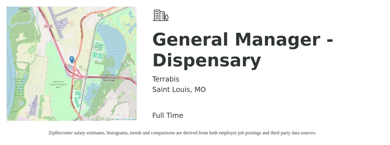 Terrabis job posting for a General Manager - Dispensary in Saint Louis, MO with a salary of $42,100 to $68,300 Yearly with a map of Saint Louis location.
