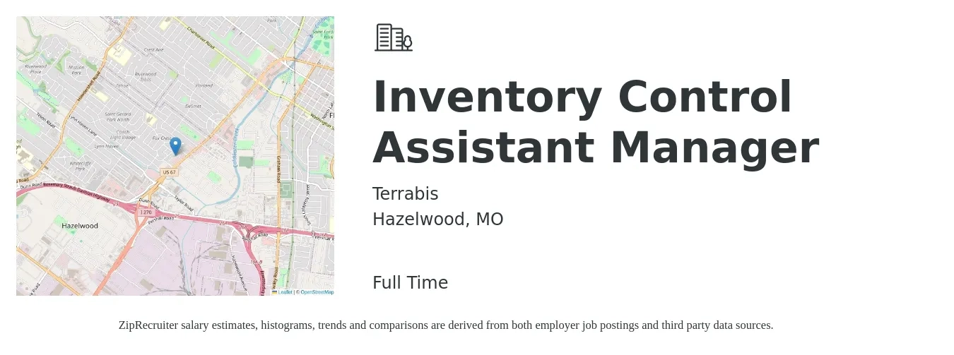 Terrabis job posting for a Inventory Control Assistant Manager in Hazelwood, MO with a salary of $39,300 to $61,400 Yearly with a map of Hazelwood location.