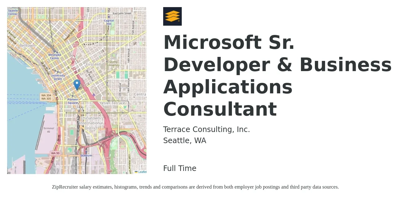 Terrace Consulting, Inc. job posting for a Microsoft Sr. Developer & Business Applications Consultant in Seattle, WA with a salary of $150,000 to $180,000 Yearly with a map of Seattle location.
