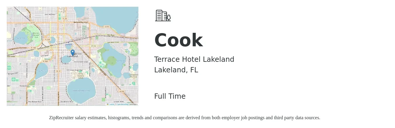 Terrace Hotel Lakeland job posting for a Cook in Lakeland, FL with a salary of $13 to $18 Hourly with a map of Lakeland location.