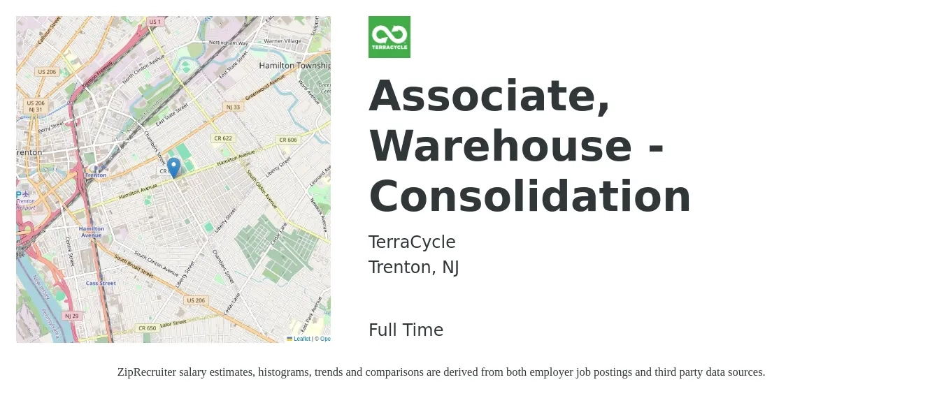 TerraCycle job posting for a Associate, Warehouse - Consolidation in Trenton, NJ with a salary of $16 to $19 Hourly with a map of Trenton location.