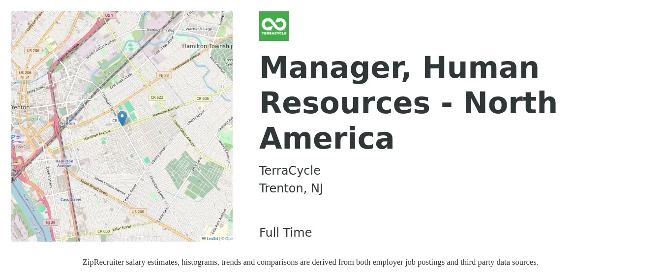 TerraCycle job posting for a Manager, Human Resources - North America in Trenton, NJ with a salary of $69,200 to $100,300 Yearly with a map of Trenton location.