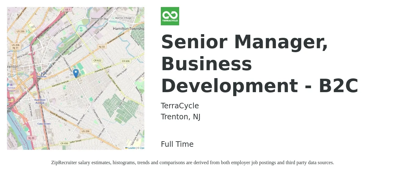 TerraCycle job posting for a Senior Manager, Business Development - B2C in Trenton, NJ with a salary of $80,700 to $135,900 Yearly with a map of Trenton location.