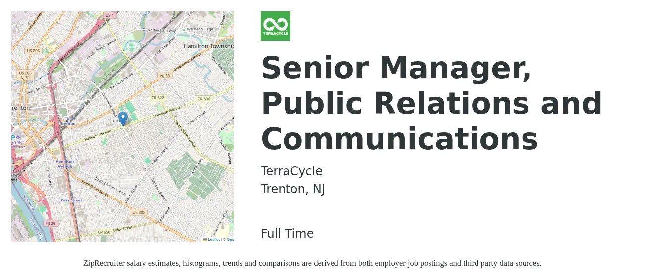 TerraCycle job posting for a Senior Manager, Public Relations and Communications in Trenton, NJ with a salary of $65,200 to $97,800 Yearly with a map of Trenton location.